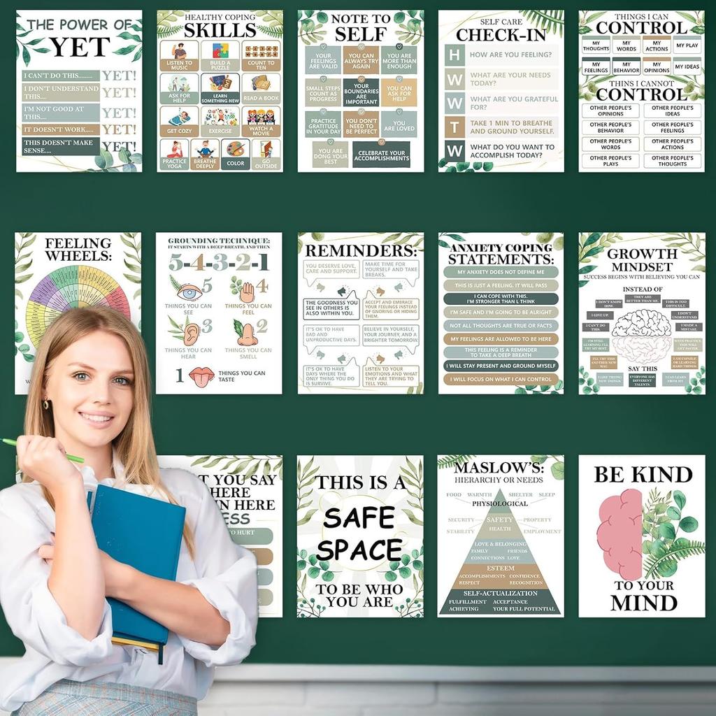 EggSun 15pcs Mental Health Posters for Classroom Office Decor, Calming Corner Therapy Awareness Office Decor Wall Art for School Homeschool