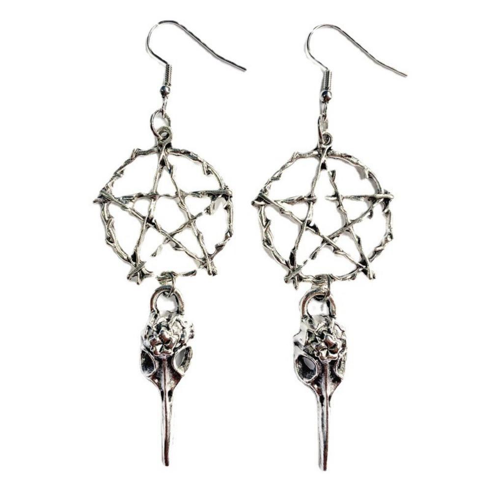 Goth Punk Sliver Color Big Five-pointed Star Rune Bird Beak Skull Pendant Dangle Earrings for Women Men Halloween Party Jewelry