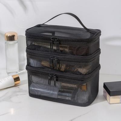 Borsa per cosmetici in rete Multistrato Chiusura con cerniera visibile di grande capacità con maniglia Borsa per il trucco da viaggio per organizzazione classificata portatile