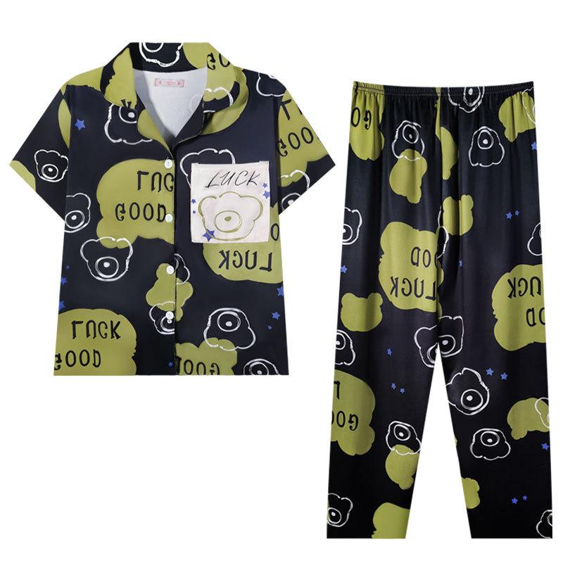 Premium Pajamas Women's Summer Imitation Cotton Short-sleeved Trousers Cartoon Cardigan Loungewear Suit Can Be Worn Outside