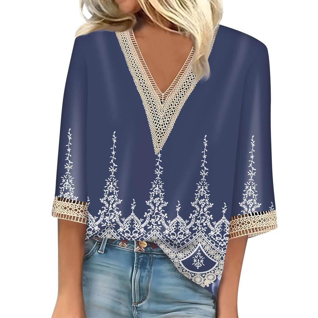 Women's Fashion Casual Lace 7/10 Sleeve V-Neck Floral Printed Top