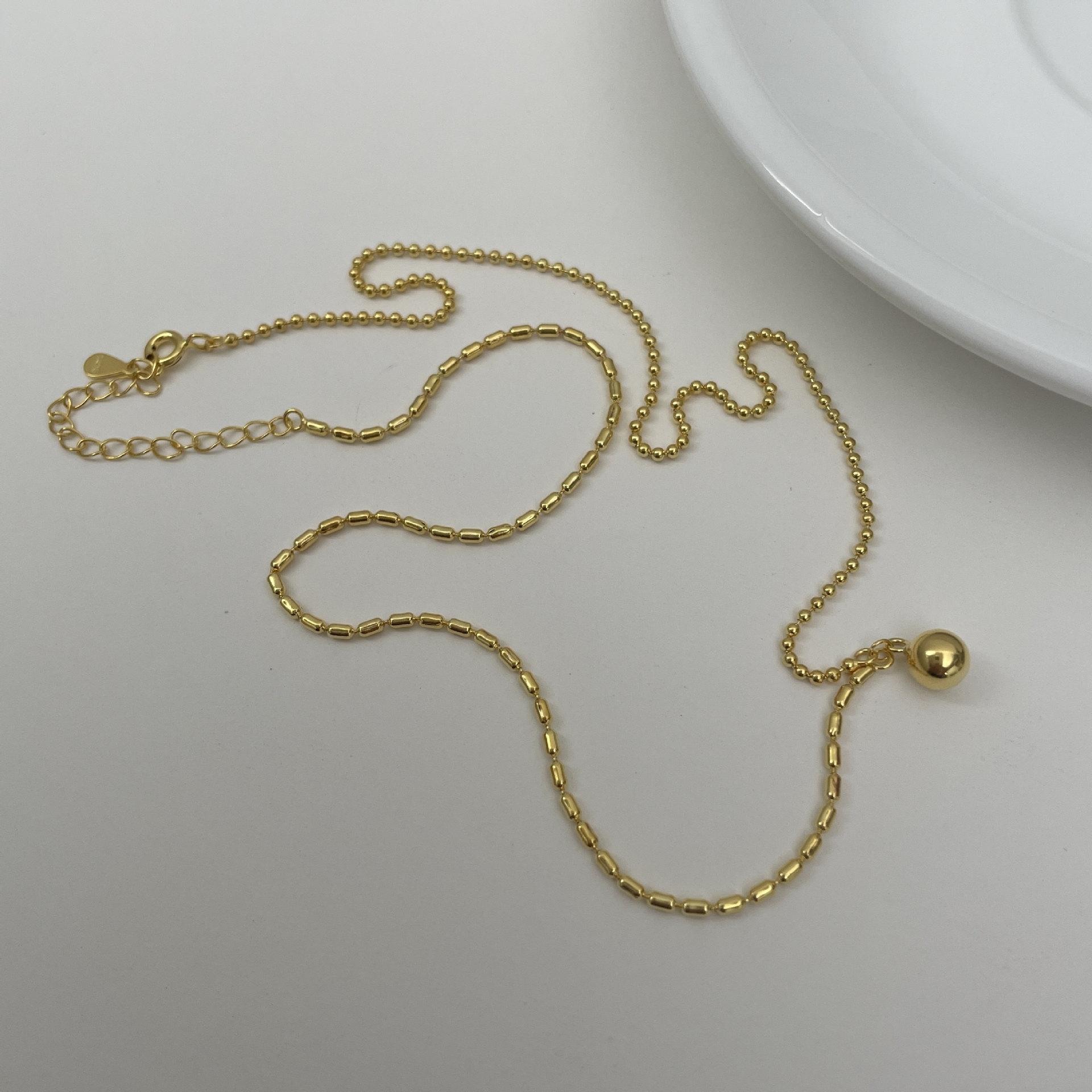 Korean version S925 oval grain round bead pendant necklace ins simple fashion temperament wind collarbone chain 925 silver