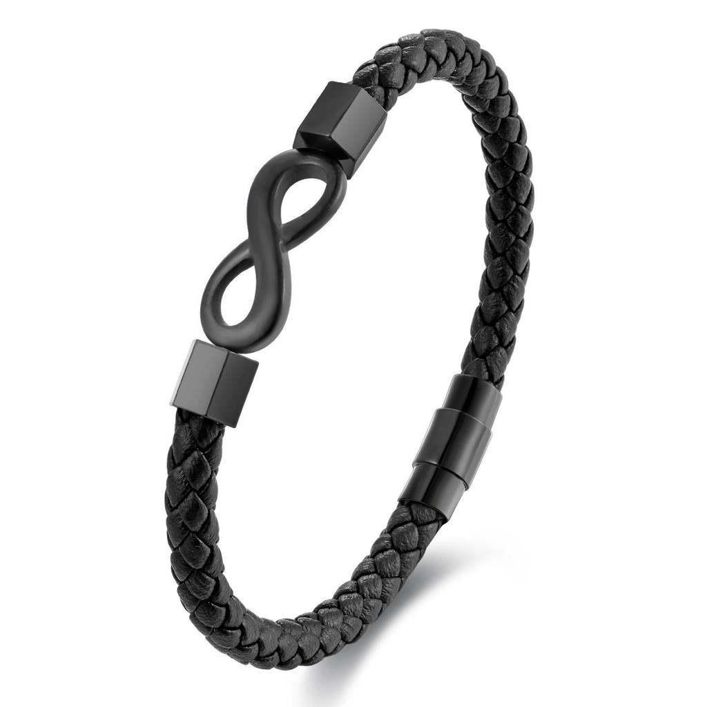 Schwarzes Lederseil-Armband mit 8 Unendlichkeitszeichen für Männer, modisches handgewebtes Armband, Edelstahlverschluss, verstellbares Lederband