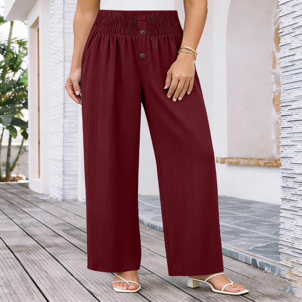 Women's High Waisted Linen Wide Leg Pants Cotton Linen Blend Wide Leg Trousers With Elastic Waistband Casual Button Down Pants