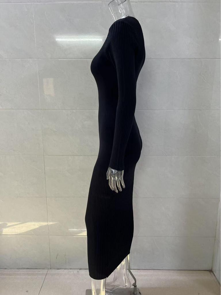 Damen Langarm Herbst/Winter Woll Bodycon Kleid - Gestrickt, Gerippt, Einfarbig, Rundhals
