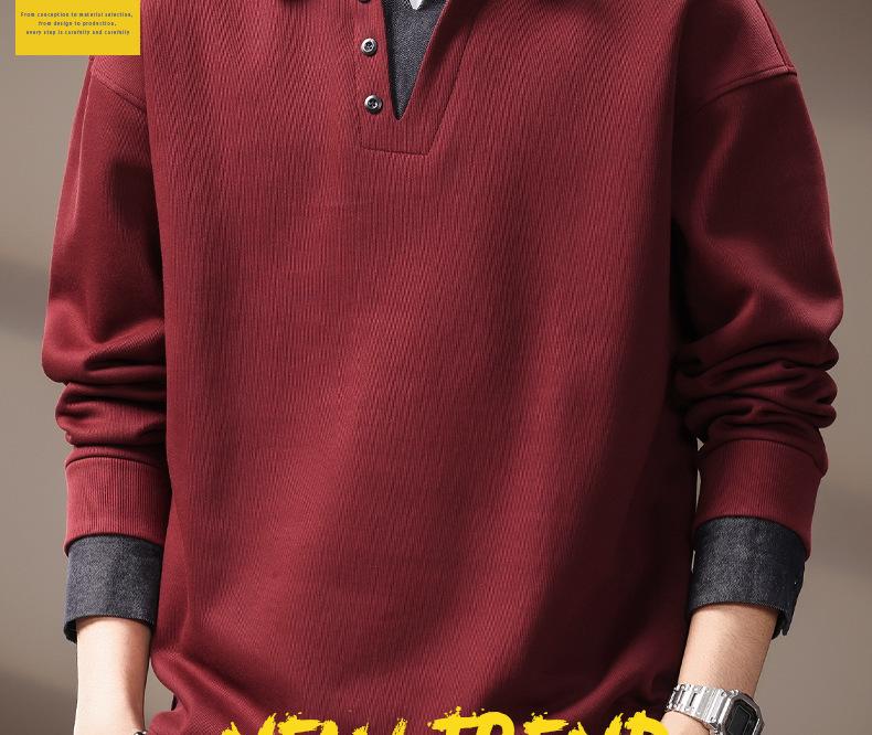 Men's Retro Fleece-Lined Color Block Denim Polo Hoodie