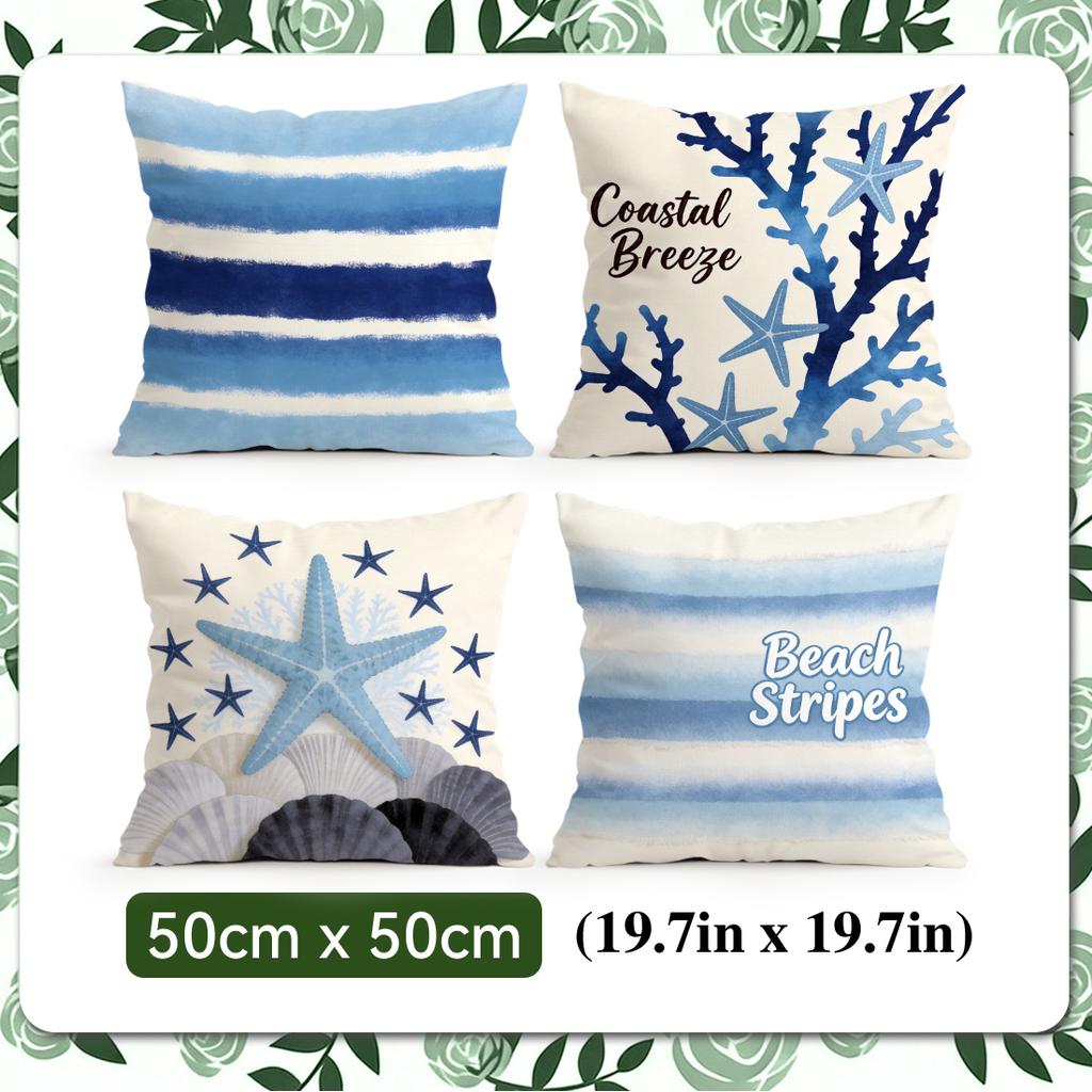 4 Pcs Blue Beach Starfish Shells Single-Sided Printed Pillowcase Cushion Cover,Suitable For Living Room,Bedroom,Car Decoration