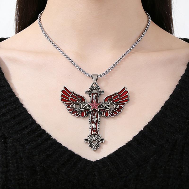 Glow-In-The-Dark Angel Wing Cross Necklace Gothic Luminous Pendant Necklace Jewelry Gift