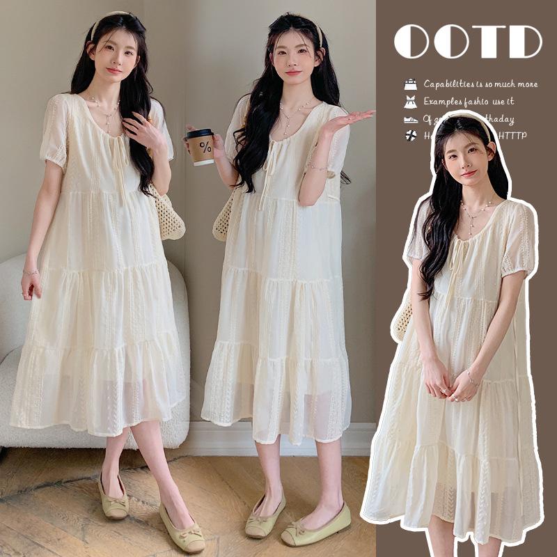 French Lace Jacquard Embroidered Maternity Summer Dress - Stylish, Mid-Length, and Trendy. X-Large