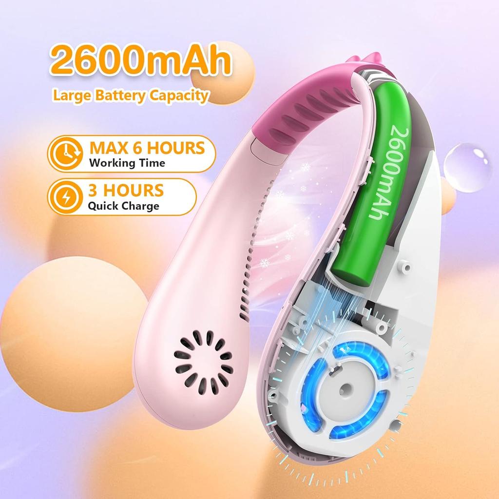 Kids Neck Fan, Portable Bladeless Fans for Kid 4-14Y Girls & Boys, 2600mAh USB Personal Mini Cooling Fan for Travel/Camping/Study, 4 Speeds,
