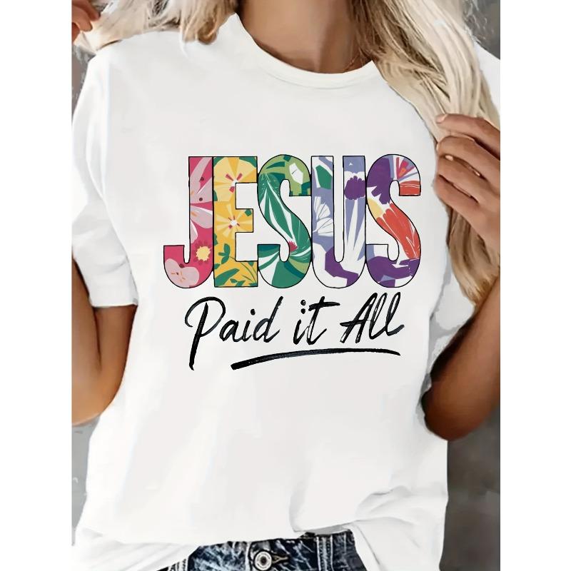 Women's Christian Faith T-Shirt - "Paid It All" Bold Black Lettering & Floral Cross Design - Soft Breathable Short Sleeve Round Neck Church Outfit