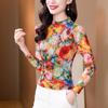 T-shirt in rete a stampa floreale da donna autunnale elasticizzata slim fit top manica lunga maglione