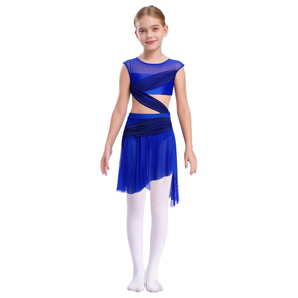 Abito da Danza Lirica a Pezzo Unico da Bambina Senza Maniche Rete Trasparente Patchwork Asimmetrico Abito da Ballo