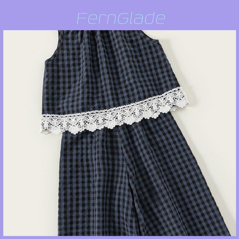 Kid Summer Sleeveless Top And Pants Set With Checkered Pattern And Lace Design For Kids Ages 8 And Up