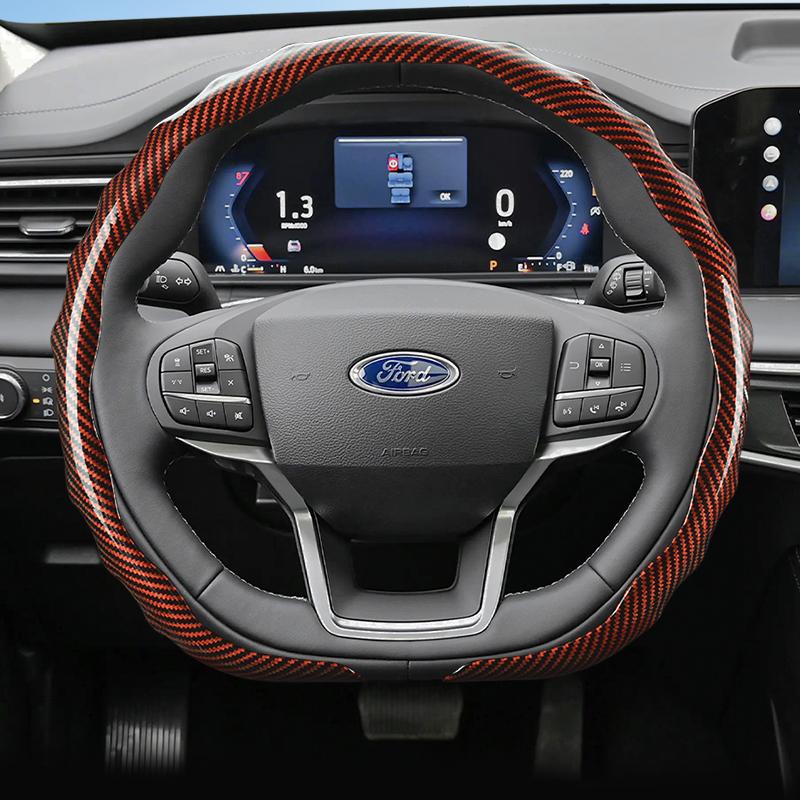 UYEG8 Suitable for Ford Carbon Fiber Texture Steering Wheel Cover with Snap-On Wave-Shaped Sport Design