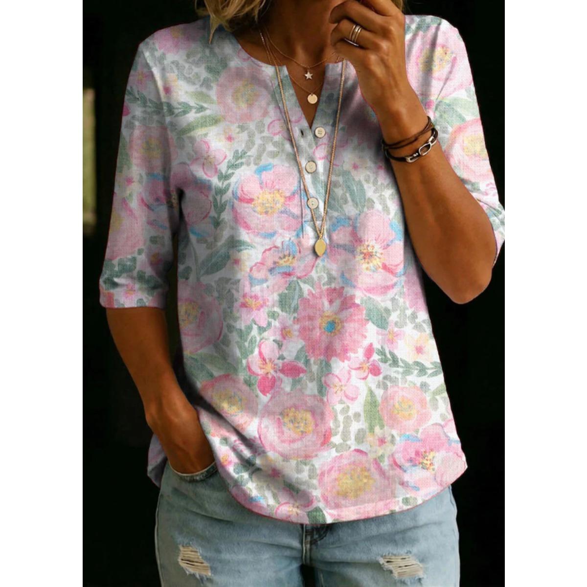Women s  New Vintage European American Style 3D Printed Button Detail Loose Crew Neck Casual Top S