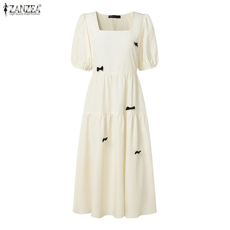 ZANZEA Women Elegant Casual Square Collar Casual Short Sleeve Dress