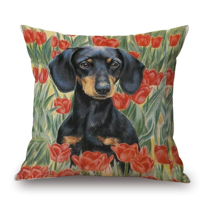 Fundas de Cojín para Perro Dachshund Pintura de Perro Salchicha Algodón Lino Fundas de Almohada Decorativas Dormitorio Sofá Decoración del Hogar 45X45cm