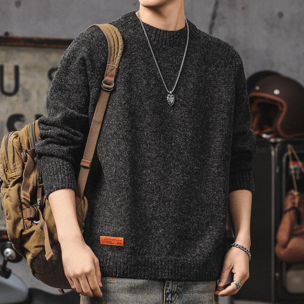 Men's American Retro Thick Knit Sweater - Winter Loose Fit, Casual Round Neck Outerwear