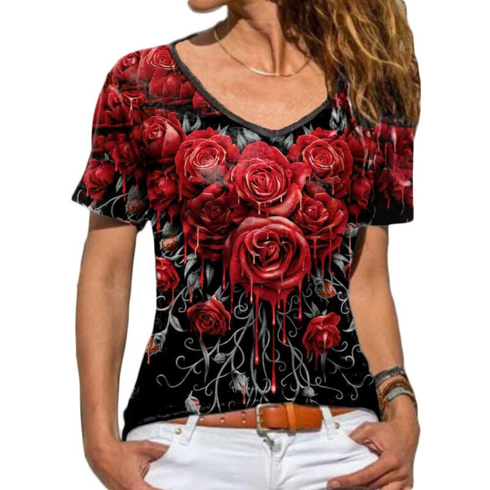 HNXC Women's Fashion Casual Summer Spring Floral Print Short Sleeve V-Neck Blouses & Shirts