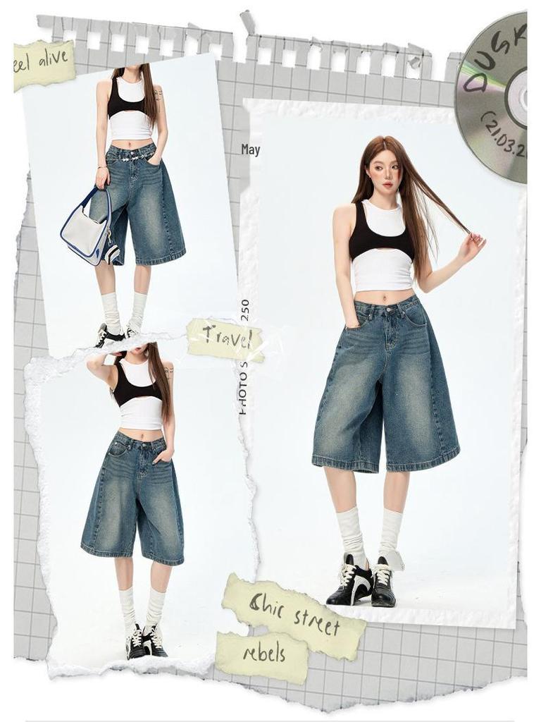 American Retro Women's Denim Five-Point Shorts, 2026 Spring/Summer Collection - Loose, Wide-Leg, Versatile Mid-Length Pants for a Relaxed Fit.