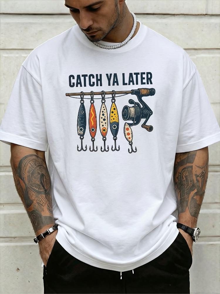 Retro Fishing Rod Bait Lure Catch Ya Later Slogan Graphic Print Unisexs Crew Neck Short Sleeve Tee Casual Daily Soft Basic Wear Top