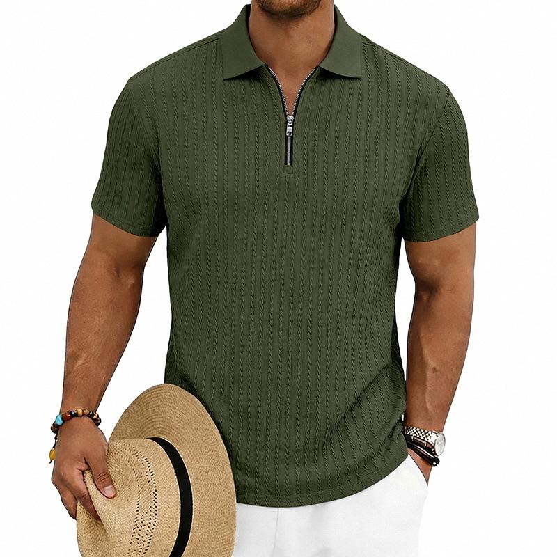 Men Vertical Cable Knit Half Zip Polo Shirt Short Sleeve Solid Slim Fit Casual Top