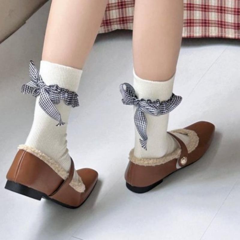 Double-needle Ballet-style Grey Lace Socks Women's Spring and Autumn Mid-length Heel Bow Pile Socks