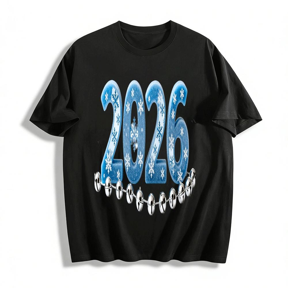 2026 Snowflake New Year Bell Print Casual New Year Top Pure cotton T-shirt XXS