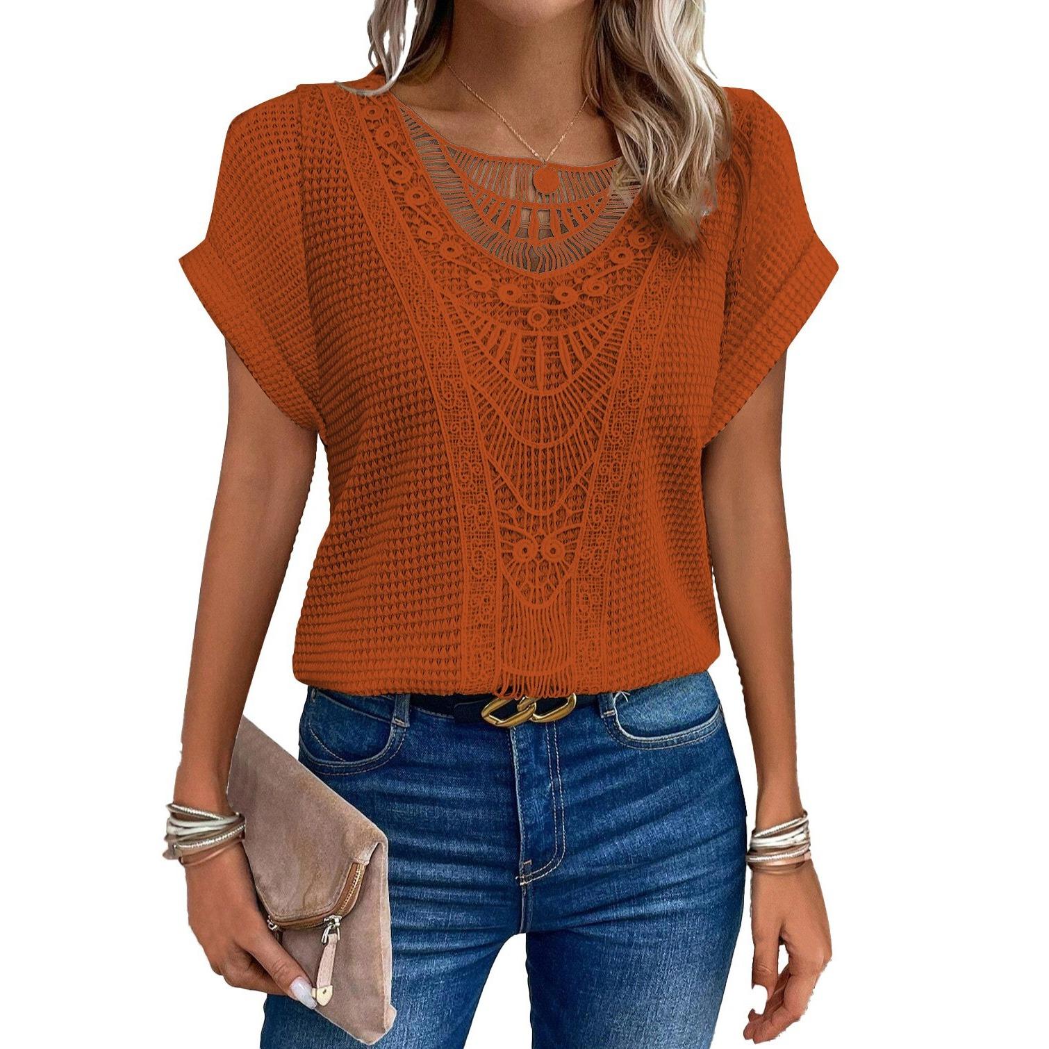 

GMXIA Spring Summer Lace Patchwork Short-sleeved T-shirt Women s Clothing 2XL оранжевый