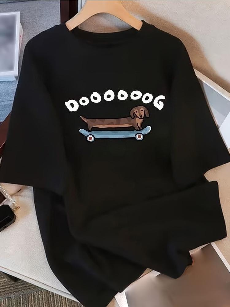 Women Cotton LooseFitTShirt with Dachshund Skateboarding Design Soft Crew Neck Short Sleeve Casual Top Funny Cartoon Dog Apparel