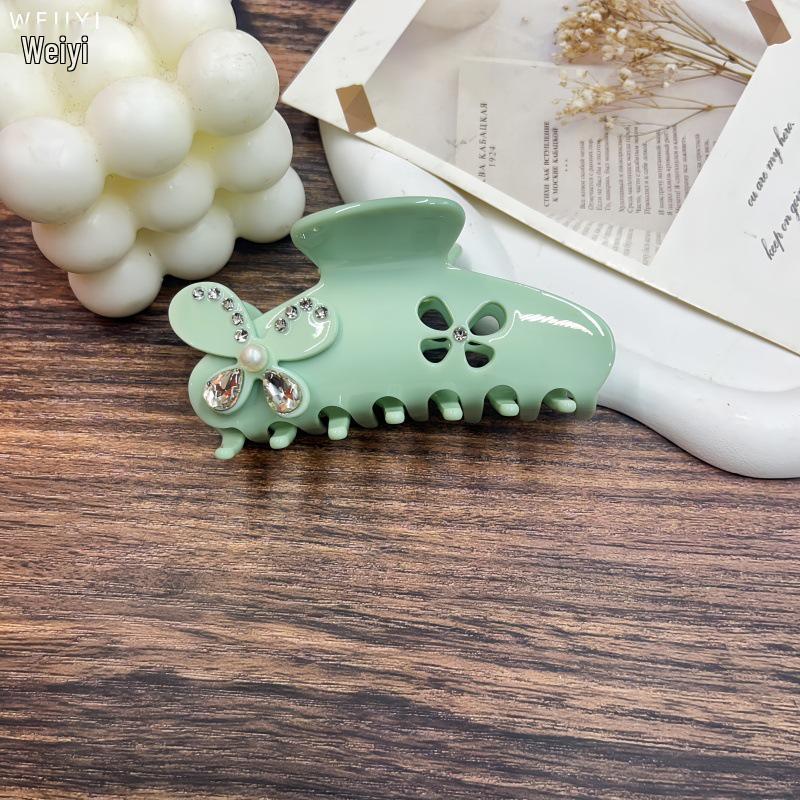 French Inlaid Crystal Pearl Butterfly Hair Clip – Elegant Acetate Flower Claw for Stylish Buns