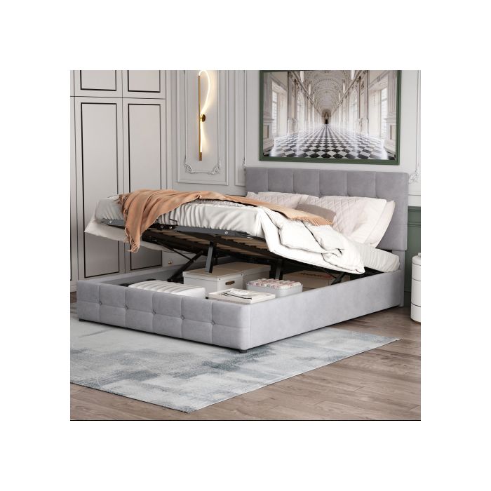 Double Bed 140x200 - MUVOE - Hydraulic Folding Storage - Velvet Fabric - Capacity 250 Kg