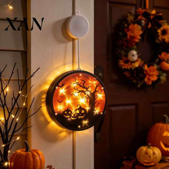 Easy Install Holiday Lighting Halloween Window Decor Light, Battery Powered Ghost Pumpkin Fairy Wall Mounted Spooky String Lantern for Party, Hanging