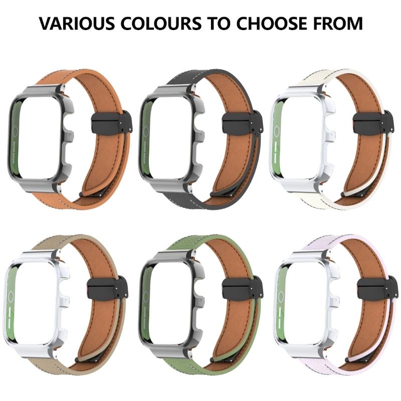 Leather Watch Band Replacement Band Lychee Texture Strap for Fit 3 Wristband Sweatproof Bracelet with Metal Frame