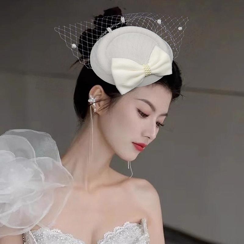 Black Mesh Headdress Stewardess Hat French Temperament Pearl Bow Hair Clip For Women