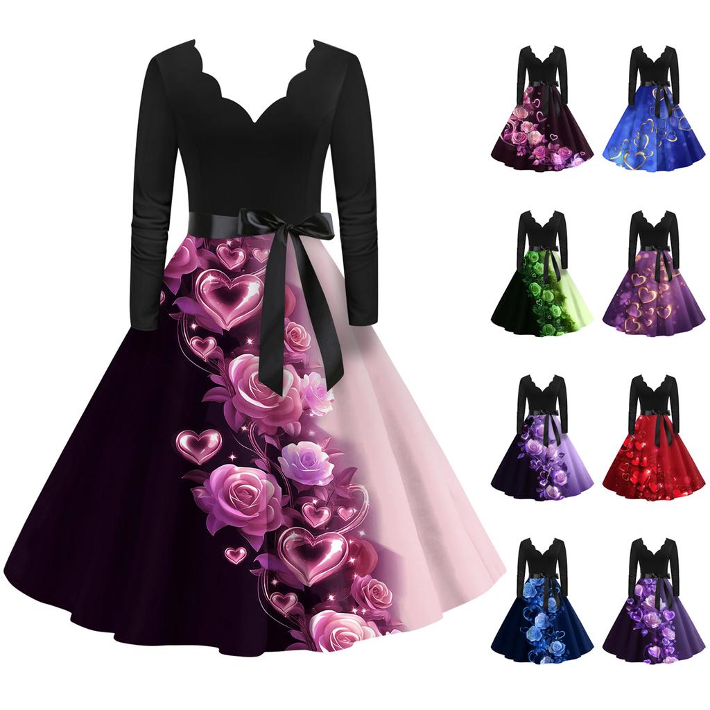 Women's Casual Fashion Long Sleeve Graphic Printed Vintage Long Dresses