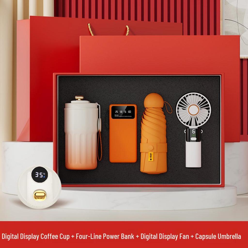 Digital Display Coffee Cup & Handheld Fan Business Gift Set for Leaders & Colleagues - Customizable with Logo