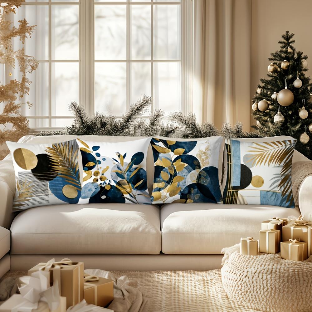 4Pcs Gold Blue Abstract Cushion Cover Leaf Geometric Printed Pillow Case Polyester Home Decor Sofa Living Room 2D Flat