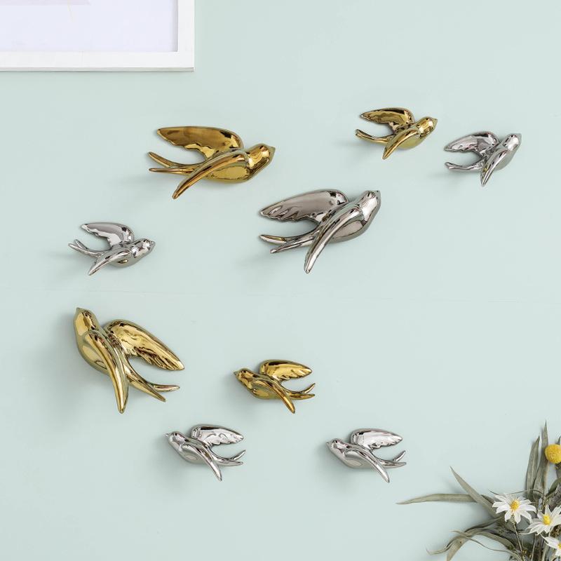 Ceramic Handicrafts Background Wall Decoration Golden Bird Three-dimensional Pendant Swallow Sculpture Home Decoration