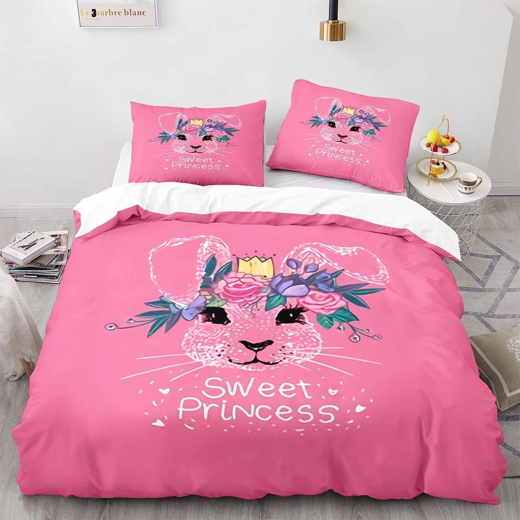Rabbit Rainbow King Queen Duvet Cover Cartoon Animals For Children Boys Girls Easter Green Polyester Quilt Cover Bedroom Decor