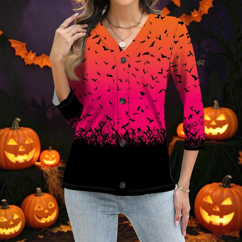 Women's Casual Button Down Shirt with Halloween Print 3/4 Sleeve for Party and Daily Wear