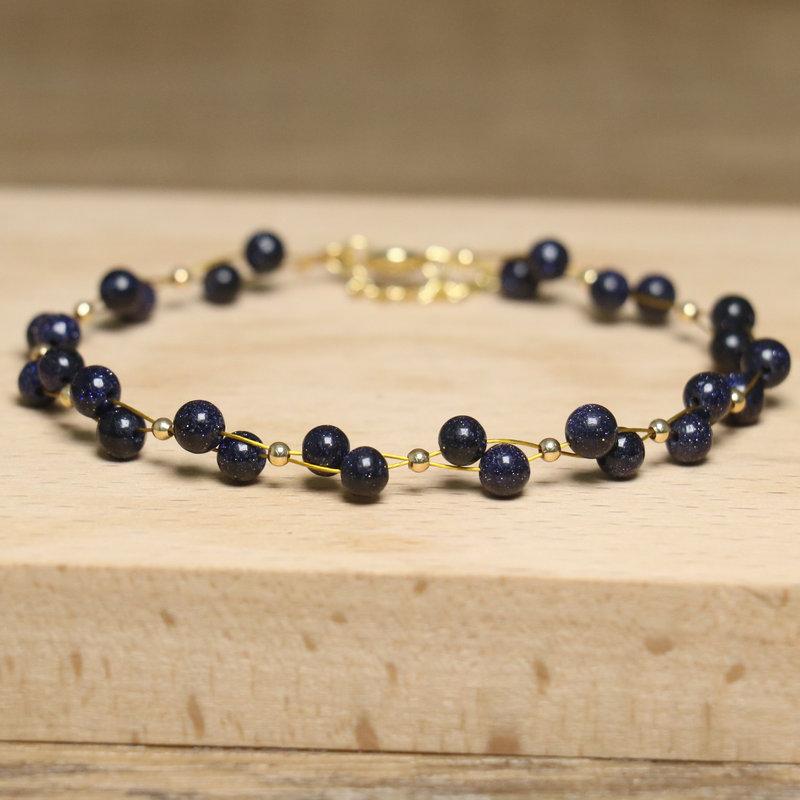 Black Onyx Double Strand Bead Bracelet – Gold Accent Dainty Jewelry, Protection Calm Gift for Women