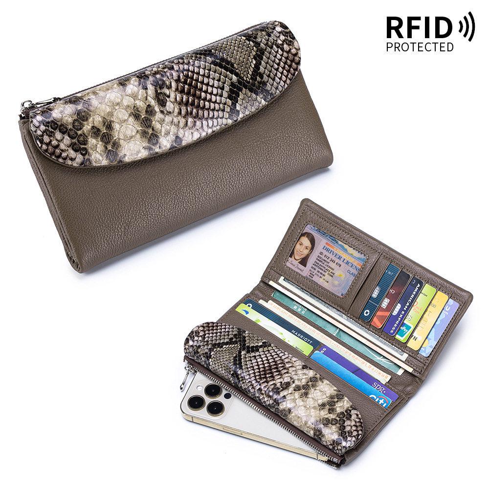 Genuine Leather Women's Trifold Wallet, Large Capacity, RFID-Blocking, Soft Snake Print Texture.