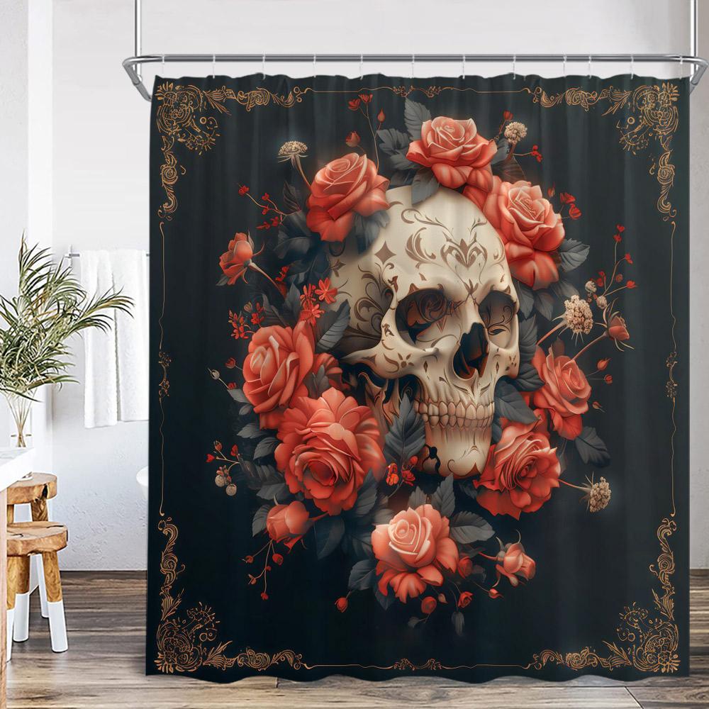 Schädel Halloween Duschvorhang Frohes Halloween Lustiges Skelett Rose Floral Badezimmer Dekor Polyesterstoff Duschvorhang Mit Haken