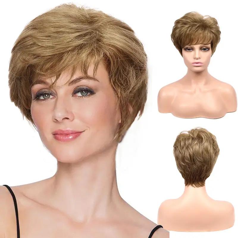 Ladies Layered Wig With Bangs Short Blonde Brown Linen Wigs for Women Synthetic Hair Daily Cosplay Party Wig Heat Resistant Fibre Wig
