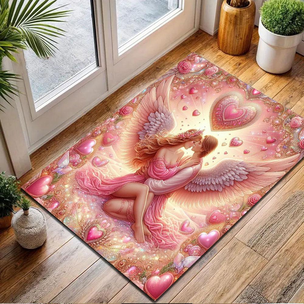Angel Couple with Wings and Pink Hearts Patterned carpet, non slip mat suitable for living room and bedroom sofas