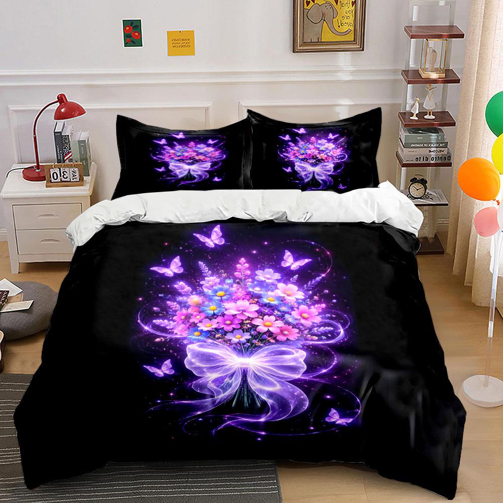 Purple Flowers and Butterflies Bedding Duvet Cover Set (1*Duvet Cover 2*Pillowcases, without duvet insert)