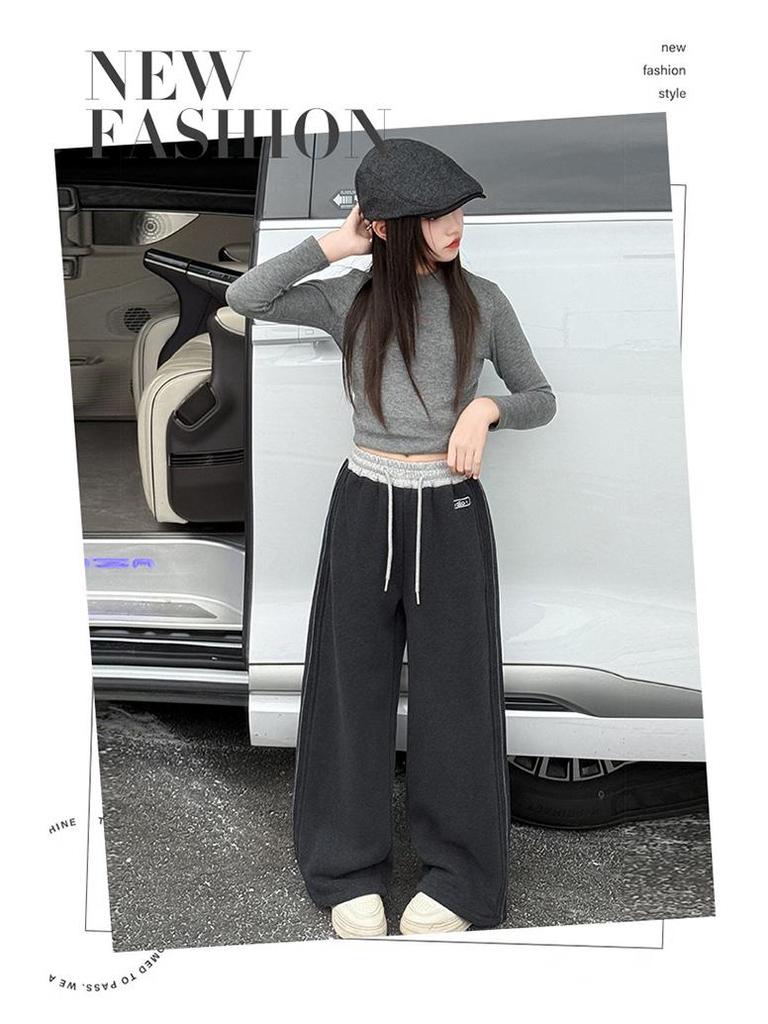 Girls' 2025 Fleece Wide-Leg Sweatpants - Fashionable, Thick, Casual Sports Pants for Autumn and Winter