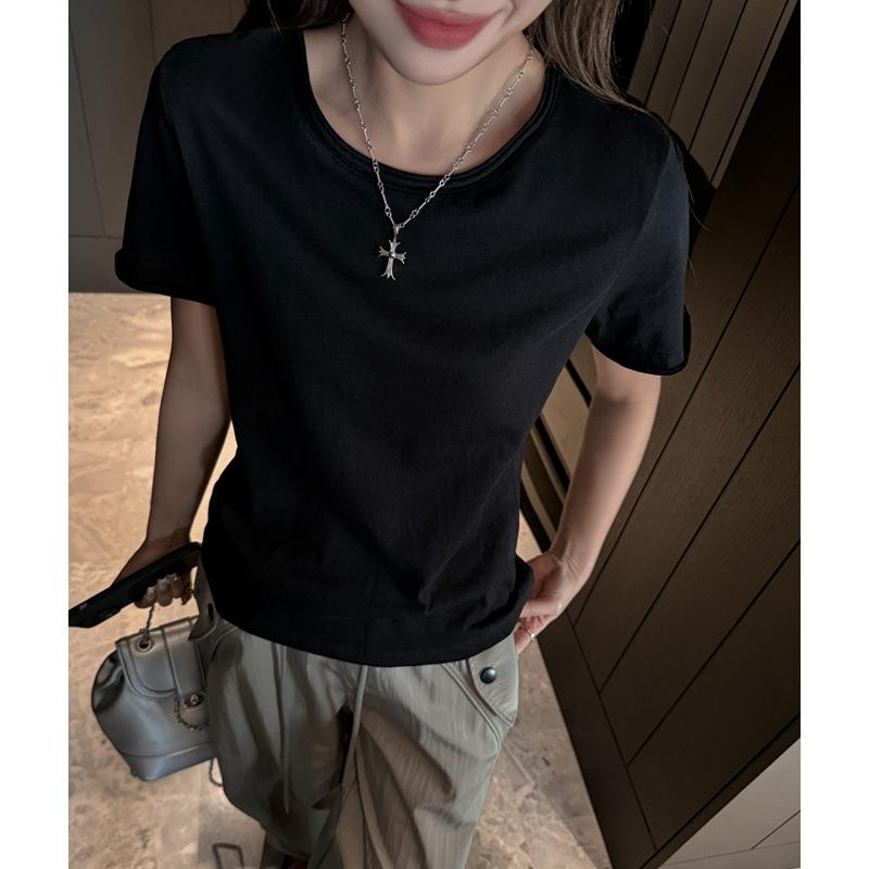 

Summer Snowflake Cotton Premium Design Crew Neck Front Shoulder Short Sleeve T-Shirt Women s Slim Basic Korean Women s Top S (suitable for weight 35-47.5kg ) чёрный